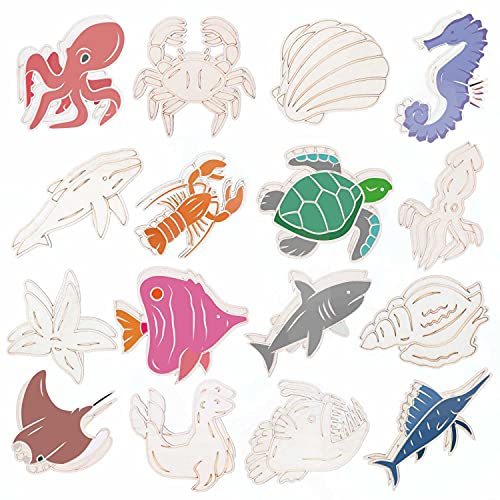 Unfinished Wood Cutouts Ocean Animals Wooden Paint Crafts Animal Wood Pieces, 16 Styles Sea Animal Life Cutouts, for Kid Home Decor Ornament DIY bunhum