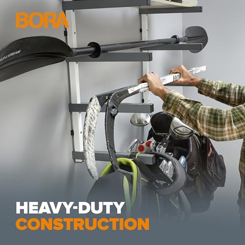 BORA Wood Organizer and Lumber Storage Metal Rack with 4-level Wall Mount - Indoor and Outdoor Use, White & Gray - PBR-0420 Bora