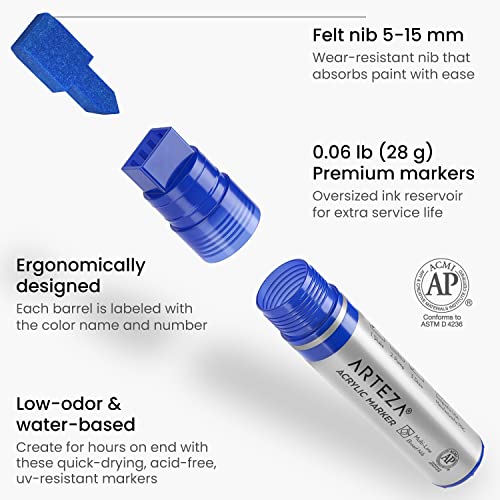 ARTEZA Acrylic Paint Markers, 7 Acrylic Paint Pens in Classic Colors, 3-in-1 Multi-Line Nibs, 5–15 mm Line, UV-Resistant, Art & Craft Supplies, Use ARTEZA
