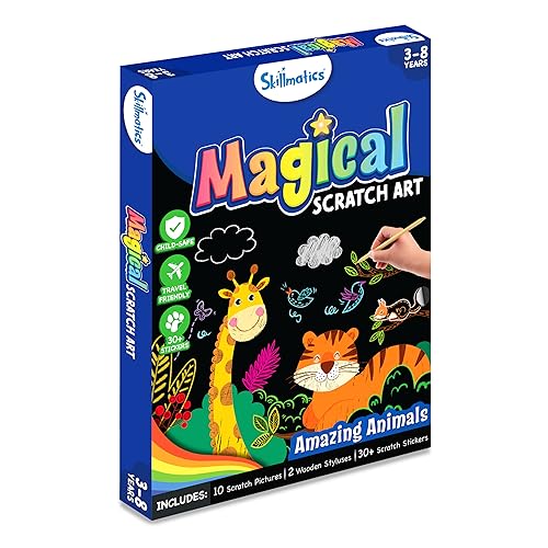 Skillmatics Magical Scratch Art Book for Kids - Animals, Craft Kits & Supplies, DIY Activity & Stickers, Gifts for Toddlers, Girls & Boys Ages 3, 4, Skillmatics