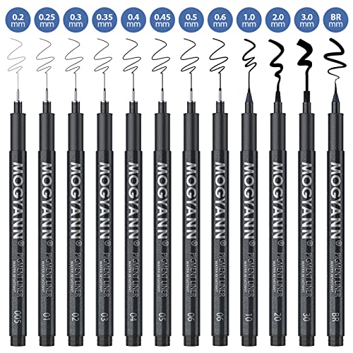 Mogyann Drawing Pens Black Art Pens for Drawing 12 Size Waterproof Ink Pens for Artists Sketching, Manga, Writing Mogyann