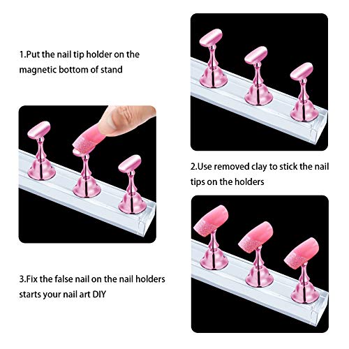 2 Sets Pink Nail Stand for Press on Nails Display, Magnetic Fake Nails Holder for Painting Nails Practices, Beginner Acrylic Nail Art Kit JUSTOTRY