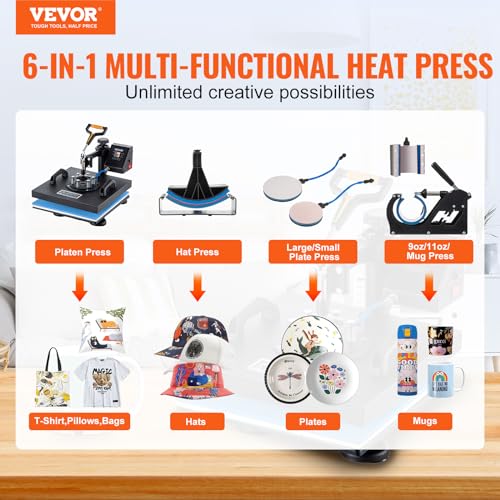 VEVOR Heat Press Machine, 15" x 15" 6 in 1 Combo Heat Press, Heat Transfer Machine 360-Degree Swing Away Digital Shirt Printing, Multi-function Heat VEVOR