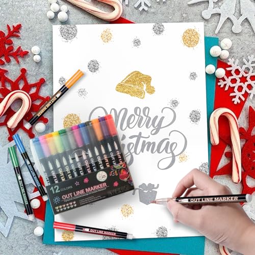 Double Line Outline Pens, 12 Colors Self-outline Metallic Markers, Shimmer Glitter Pens Set for Christmas Card Writing, Birthday Greeting, DIY Art Artugn
