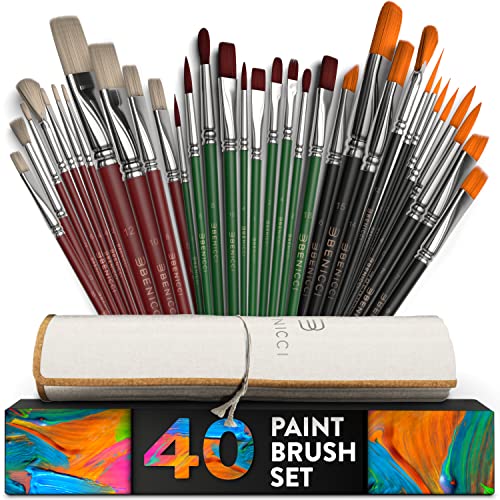 40 Pieces Professional Artist Paint Brush Set with Storage Case - Includes Round and Flat Art Brushes with Hog, Pony, Nylon Hair Bristles - Perfect Benicci