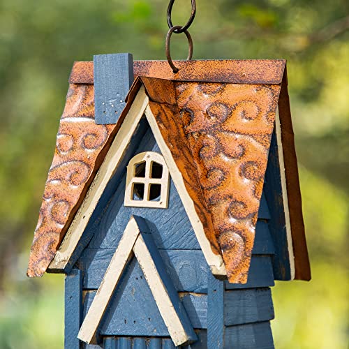 Glitzhome GH90096 Hanging Distressed Wooden Garden Cottage Birdhouse, Blue glitzhome