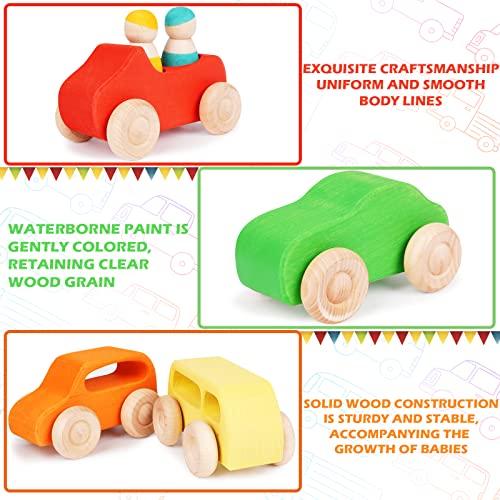 Agirlgle Montessori Wooden Car Toys - 7 Rainbow Wooden Vehicle Set Toy for Toddlers and Babies 3 Wooden Peg Doll, Colorful Pretend Play Wooden Push Agirlgle