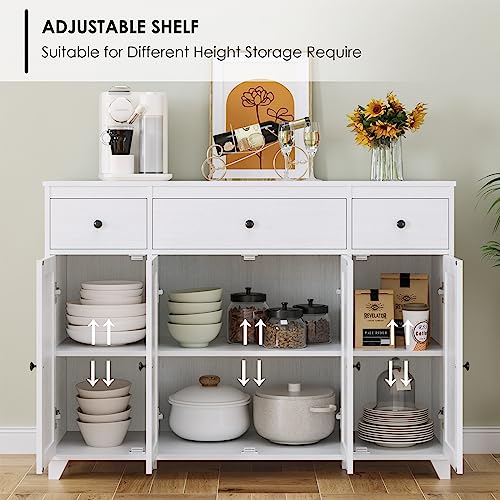 HIFIT Buffet Cabinet White Sideboard Storage Cabinet with 3 Drawers & 4 Doors Adjustable Shelves, 47” Modern Coffee Bar Cabinet, Wood Accent Cabinet HIFIT