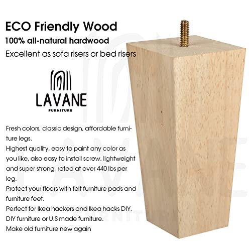 4 inch Wooden Furniture Legs, La Vane Set of 4 Solid Wood Square Unfinished Mid-Century Modern M8 Replacement Bun Feet with Pre-Drilled 5/16 Inch La Vane