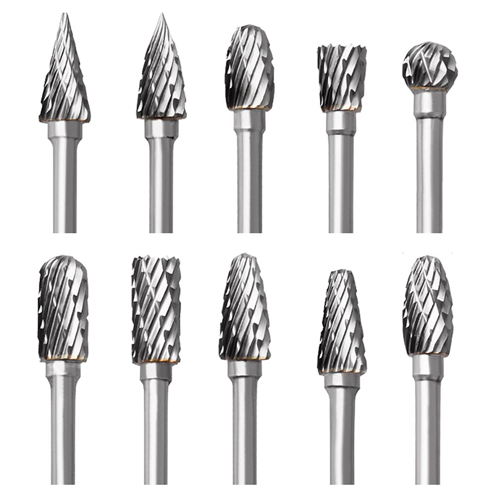 Tungsten Carbide Rotary Burr Set for Dremel, 10PCS Carbide Double Cut Carving Burr Bits with 1/8” Shank Rotary Tool Accessories for Woodworking, FOTYBEI