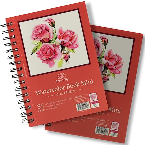 Art-n-Fly 5.5 x 8.5 in Watercolor Sketchpad Mini Book - 2 Pack x 35 Sheets Each- Spiral Bound and Microperforated - 300gsm / 140lb 8.5x5.5' Art-n-Fly