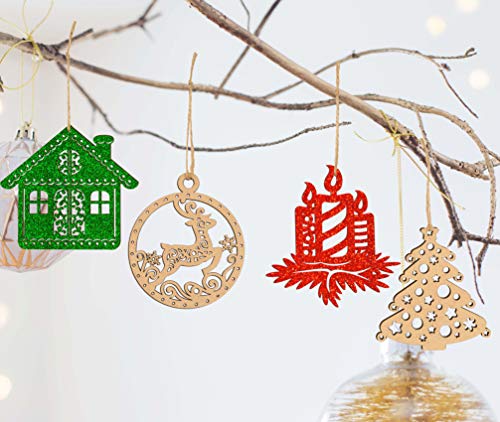 Inkdotpot 18pcs Wooden Christmas Ornaments, Unfinished Wooden Laser Cutouts Snowflakes/Tree Shaped Embellishments Hanging Ornament for Christmas Inkdotpot
