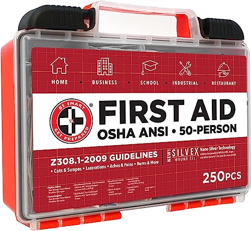 Be Smart Get Prepared First Aid Kit, 250 Piece. Exceeds OSHA ANSI Standards for Office, Home, Car, School, Emergency, Survival, Camping, Hunting, & Be Smart Get Prepared