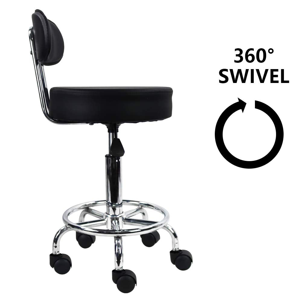 KKTONER PU Leather Rolling Stool Mid-Back with Footrest Height Adjustable Office Computer Home Drafting Swivel Task Chair with Wheels (Black) KKTONER