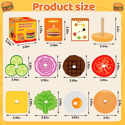 Jumlys Montessori Toys for 2, 3, 4, 5, Year Old, Wooden Burger Stacking Toys, Fine Motor Toys for Kids Boys Girls, Ideal Preschool Educational and Jumlys