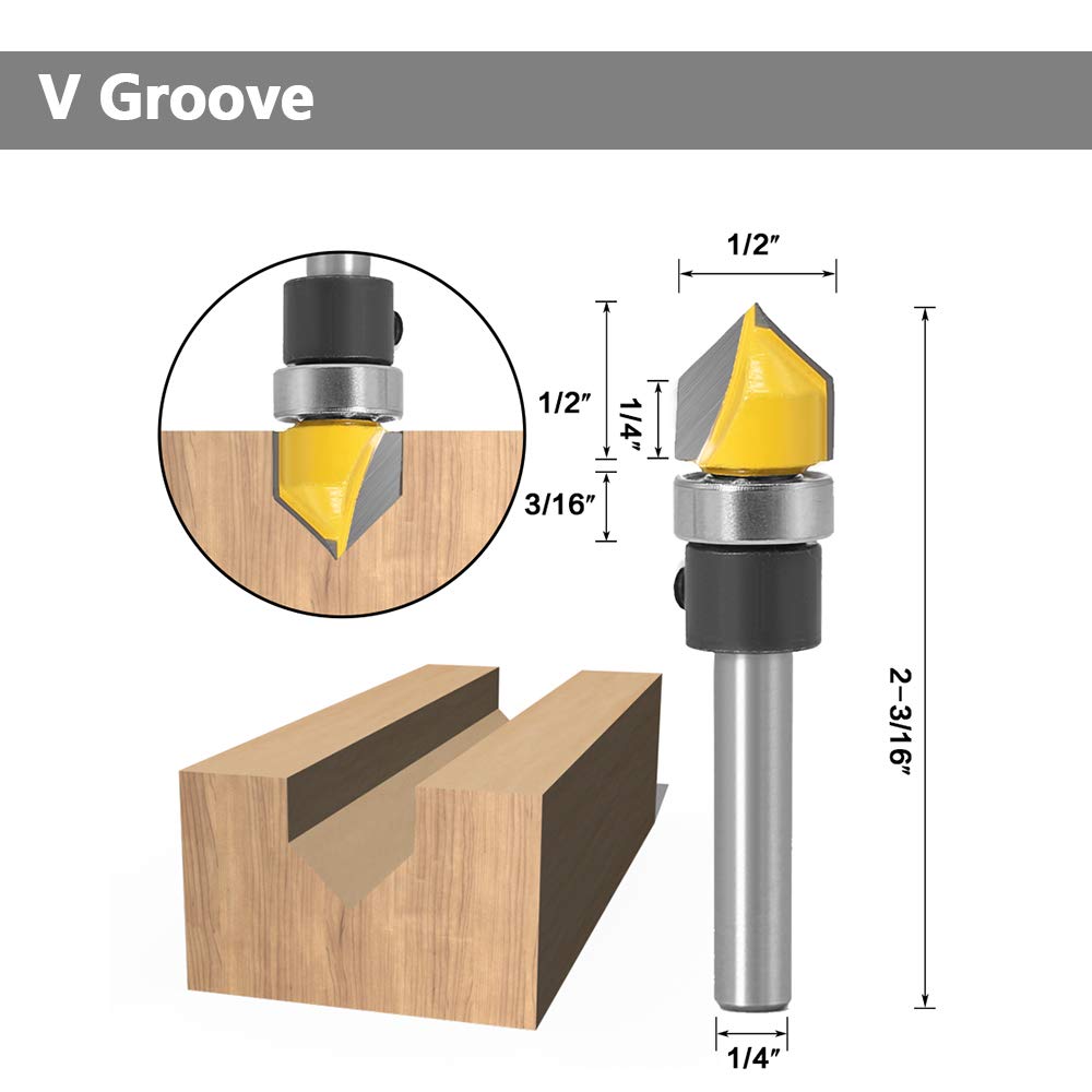 Yakamoz 6Pcs Assorted Edge 1/4 Inch Shank Treatment Grooving Router Bit Set with Bearings Hinge Mortising Flush Trim, Bowl and Tray & V Groove YAKAMOZ
