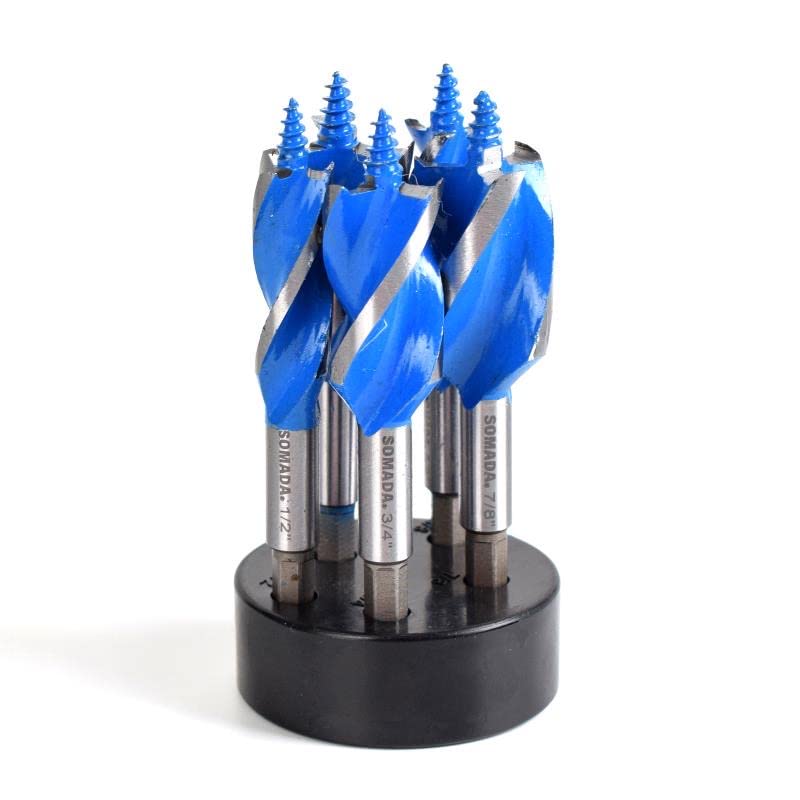 SOMADA Auger Drill Bit Set for Wood, 5-Piece, 1/2", 5/8", 3/4", 7/8" and 1" Inch Size, 4-Inch Long with Storage Case, Impact Wood Auger Set with SOMADA