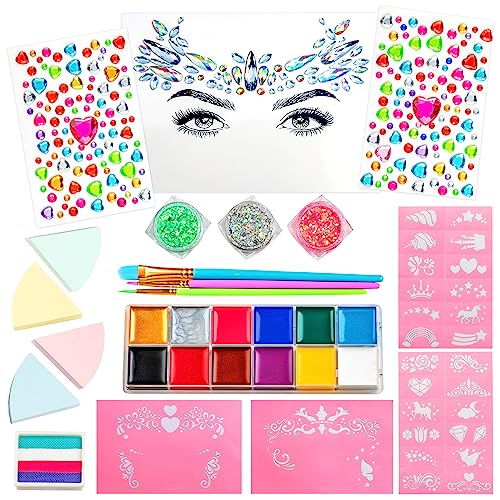 GirlZone Unicorn and Jewels Face Painting Kit, Amazing Face Paint Set with Face Gems, Brushes, Face Paint Stencils and a Kids Face Paint Lookbook to GirlZone
