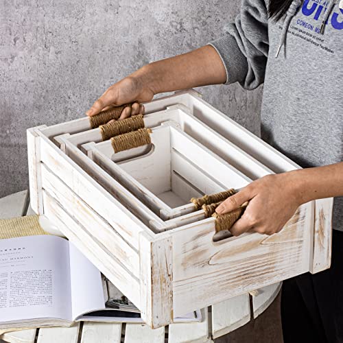 TIMRIS Set of 3 Rustic Wood Nesting Crates, Farmhouse Wooden Storage Container Boxes with Cutout Handles, Decorative Wooden Baskets for Display TIMRIS