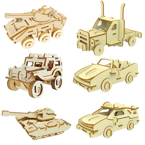 3D Wooden Puzzle - 6 Piece Set Wooden Car Brain Teaser Puzzle - DIY Assembly Car Building Model Kits - Wood STEM Toys Gifts for Kids and Adults Teens i-CHONY