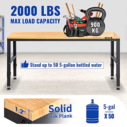 VEVOR 60" Adjustable Workbench, Heavay Duty Workstation 2000 LBS Load Capacity, with Power Outlets & Rubber Wood Top & Metal Frame & Foot Pads, for VEVOR