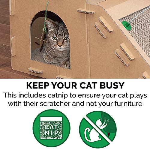 Furhaven Multi-Level Cardboard Cat House w/ Catnip for Indoor Cats, Ft. Scratching Pads & Toys - Farmhouse Corrugated Cat Scratcher Hideout - Furhaven