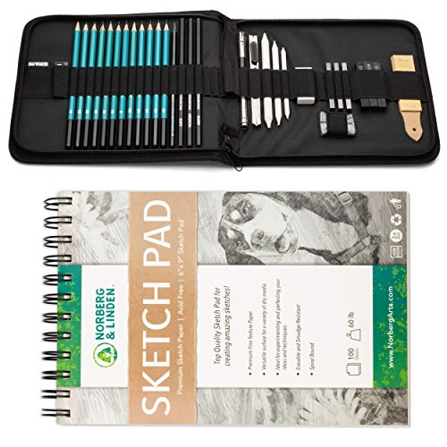 Norberg & Linden XL Drawing Set - Sketching, Graphite and Charcoal Pencils. Includes 100 Page Drawing Pad, Kneaded Eraser, Blending Stump. Art Kit Norberg & Linden
