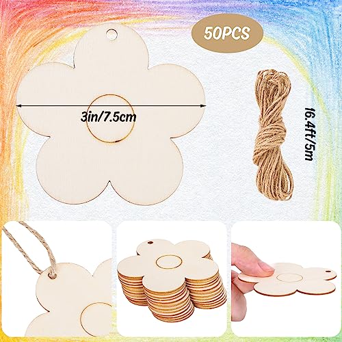 Whaline 50Pcs 3 Inch Wood Flower Cutouts Unfinished Wooden Boho Flower Cutouts with Holes and Hemp Rope DIY Blank Flower Shape Hanging Ornaments Whaline