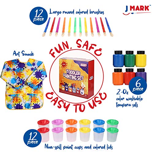 J MARK 32 Piece Toddler Painting Set – Spill Proof Paint Cups for Kids, Washable Kids Paint, Kids and Toddler Paint Set with Art Smock and More J MARK