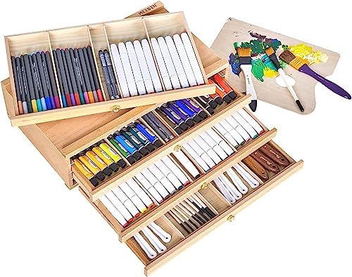MEEDEN 6-Drawer Artist Supply Storage Box - Portable Foldable Multi-Function Beech Wood Artist Tool & Brush Storage Box with Compartments & Drawer MEEDEN