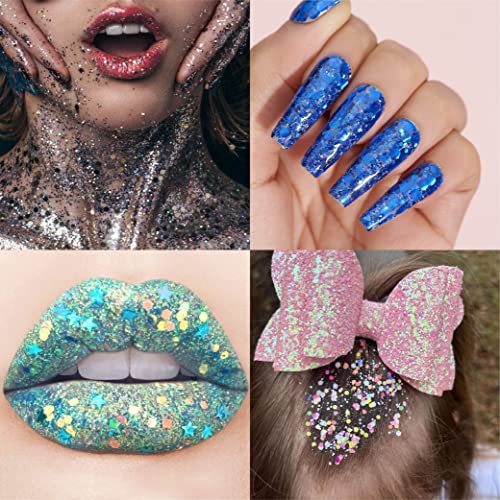 Holographic Chunky and Fine Glitter Mix, 45 Colors Festival Sequins & Glitter Powder, Iridescent Glitter Flakes, Cosmetic Face Body Eye Hair Nail Art Linwulte