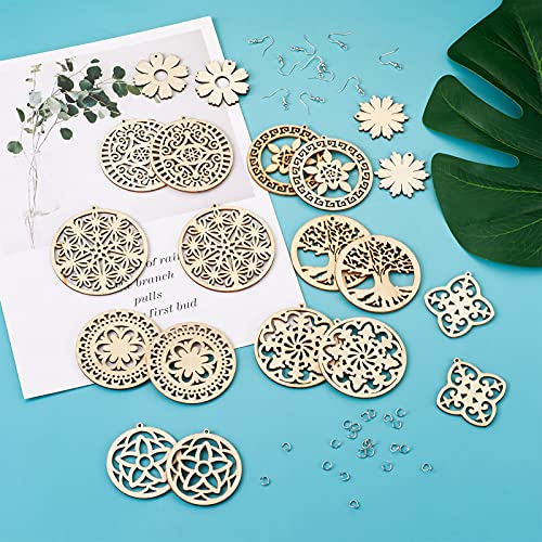 FASHEWELRY 80pcs Unfinished Filigree Flower Tree of Life Wooden Dangle Earring Pendants Natural Hollow Blank Wood Cutouts with 80pcs Jump Rings, FASHEWELRY