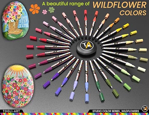 28 Wildflower Colors Acrylic Paint Pens Studio Color Series Markers Set 0.7mm Extra Fine Tip, Rock Painting, Glass, Mugs, Wood, Metal, Canvas, DIY, TOOLI-ART