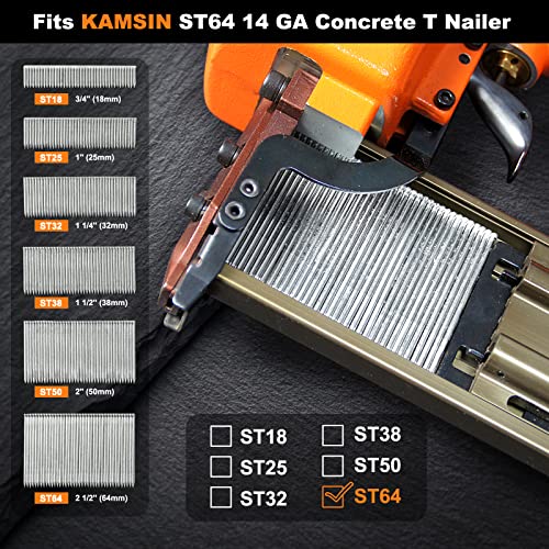 KAMSIN #ST64 14 Gauge Heavy Duty Pneumatic Concrete T Nailer Kit with 400 PCS Concrete T Nails, 1-Inch to 2-1/2-Inch Leg Air Power Concrete Nails Gun - WoodArtSupply