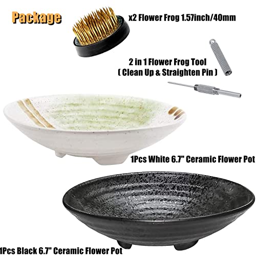 Japanese Ikebana Vase Kit, 2Pcs Ceramic Flower Pot Flower Shallow Container Vase with 2Pcs 1.57inch/40mm Flower Frog and 2-in-1 Flower Frog Needle Eggone
