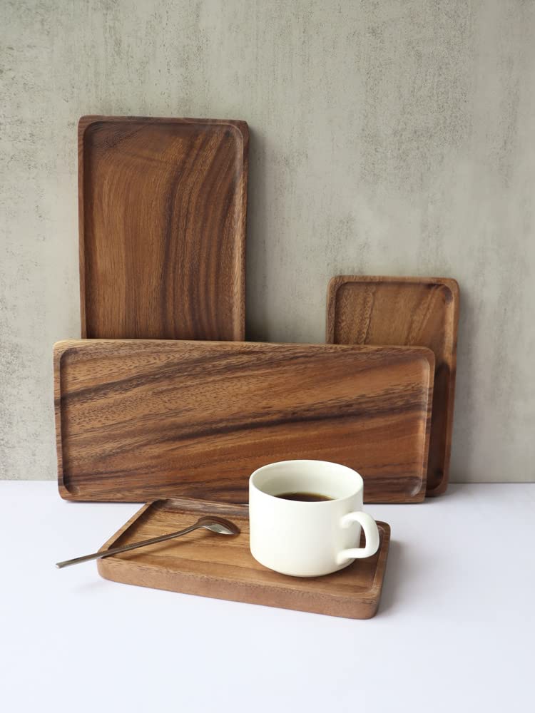 SOUJOY Set of 4 Wood Serving Tray, Oak Platter for Food, 12'', 14.5'' Rectangular Charcuterie Board with Edge for Home Decor, Dessert, Vegetables, SOUJOY