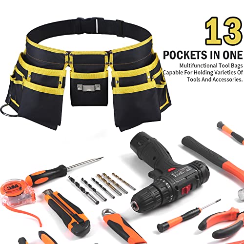 LOTKEY Tool Belt, 13 Pockets Tool Belts for Men Including Steel Hammer Loops Measuring Tape Holder Tool Pouch Adjustable Up to 41" for Woodworker, LOTKEY