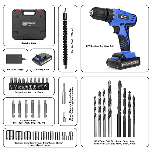 Jar-Owl 21V Cordless Drill, 350 in-lb Torque, 0-1350RMP Variable Speed, 10MM 3/8'' Keyless Chuck, 18+1 Clutch, 1.5Ah Li-Ion Battery & Charger for jar-owl