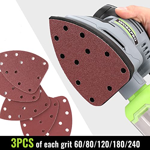 WORKPRO Detail Sander, 13,000 OPM Compact Electric Sander with Dust Collector, 1.6Amp Power Sander with 15PCS Sanderpapers for Tight Spaces WORKPRO
