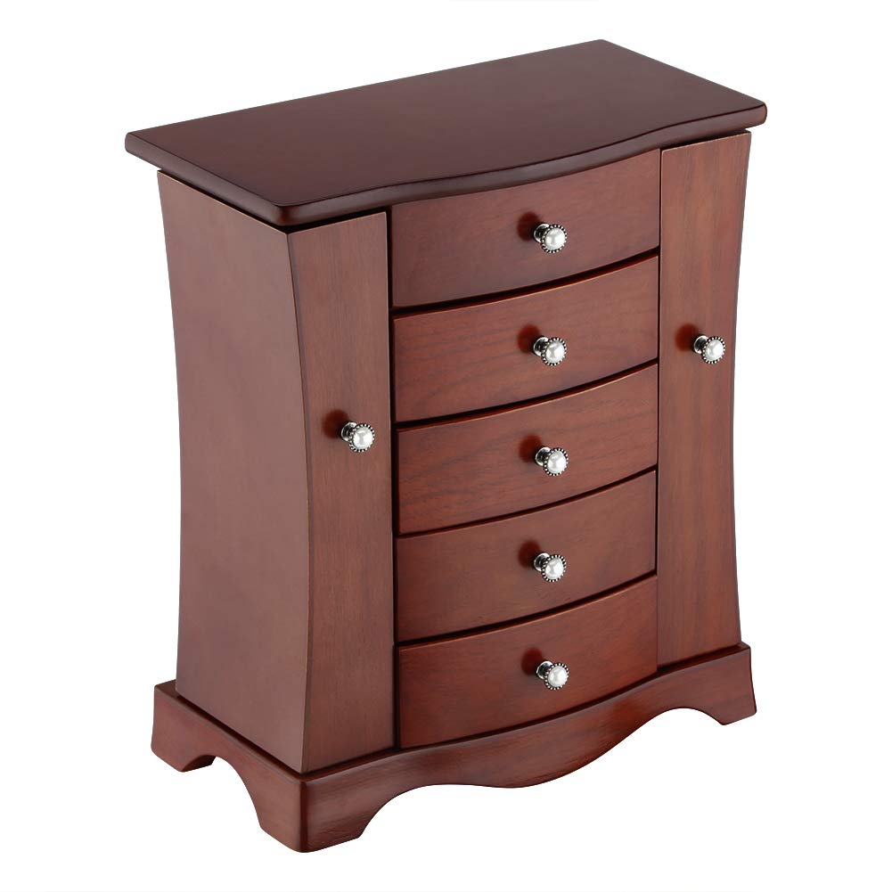 RR ROUND RICH DESIGN Jewelry Box - Made of Solid Wood with Tower Style 4 Drawers Organizer and 2 Separated Open Doors on 2 Sides and Large Mirror RR ROUND RICH DESIGN