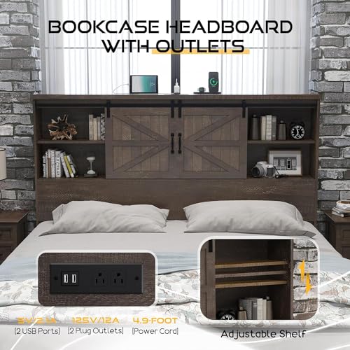 HOWE Rustic Queen Wood Platform Bed with Bookcase Headboard & Storage Drawers HOWE