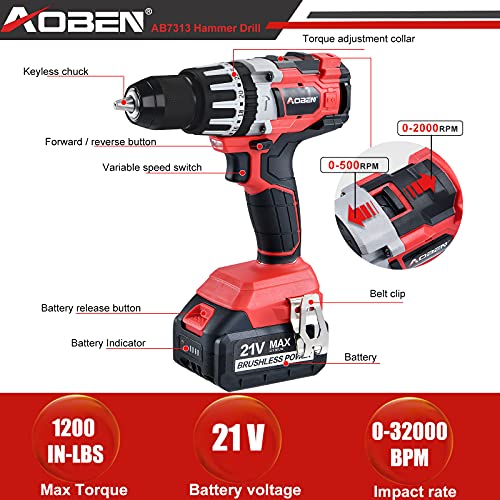 AOBEN 21V Cordless Hammer Drill, High Torque 1200 In-lbs, 1/2-Inch Power Hammer Drill Brushless, with 4.0Ah Li-ion Battery and Charger, Auxiliary AOBEN