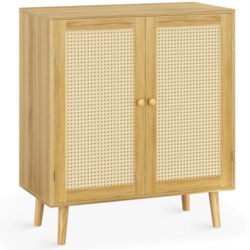 Huuger Buffet Cabinet with Storage, Storage Cabinet with PE Rattan Decor Doors, Accent Cabinet with Solid Wood Feet, Sideboard Cabinet for Hallway, Huuger
