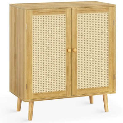 Huuger Buffet Cabinet with Storage, Storage Cabinet with PE Rattan Decor Doors, Accent Cabinet with Solid Wood Feet, Sideboard Cabinet for Hallway,