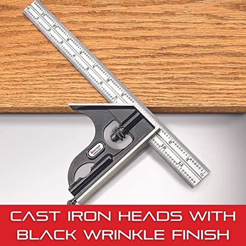 Starrett Combination Set with Square, Center and Reversible Protractor Head and Blade - 12" Blade Length, Cast Iron Heads, Reversible Lock Bolts, 4R Starrett