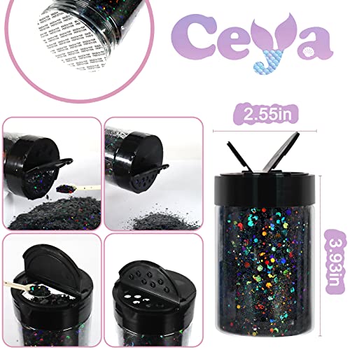 Ceya Holographic Chunky Glitter, 4.2oz/ 120g Black Craft Glitter Powder Mixed Chunky Fine Flakes Iridescent Nail Sequins for Nail Art, Hair, Epoxy ceya