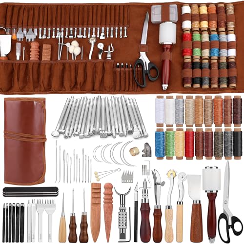 TLKKUE Leather Working Kit Leather Craft Tools with Custom Storage Bag Leather Craft Making Leather Tooling Kit for Beginners Leather Crafting Tools TLKKUE