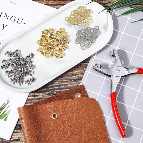 803Pcs Grommet Pliers Kit, 1/4 Inch 6mm Tool with 800 Metal Eyelets with Washers in Gold and Silver, Portable Grommet Hand Press kit for PAXCOO