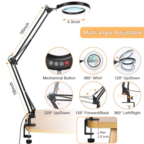 10X Large Magnifying Glass with Light and Stand, KRSTLV 2 x 16 Inch Adjustable Swivel Arm LED Desk Lamp with Clamp, 5 Color Modes Stepless Dimmable, Krstlv
