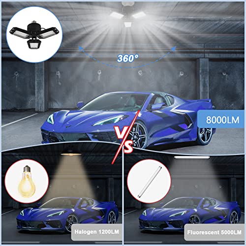 Aoretic LED Garage Lights Bulb 2 Pack -80W, 8000LM 6500K Led Shop Light with 3 Deformable Panels, Basement Barn Light Garage Ceiling Lights, E26/E27 Aoretic